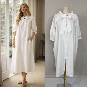 Lenora Wendy Cotton Robe Dress XS White Bow Prairie Midi Pockets